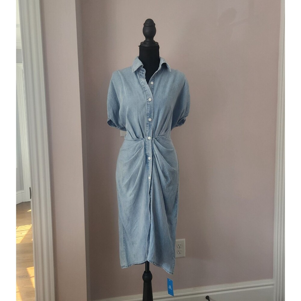 NWT CUPSHE Denim Midi Shirt Dress Blue Button Up Dolman Sleeve Sash Waist Medium - Picture 2 of 13